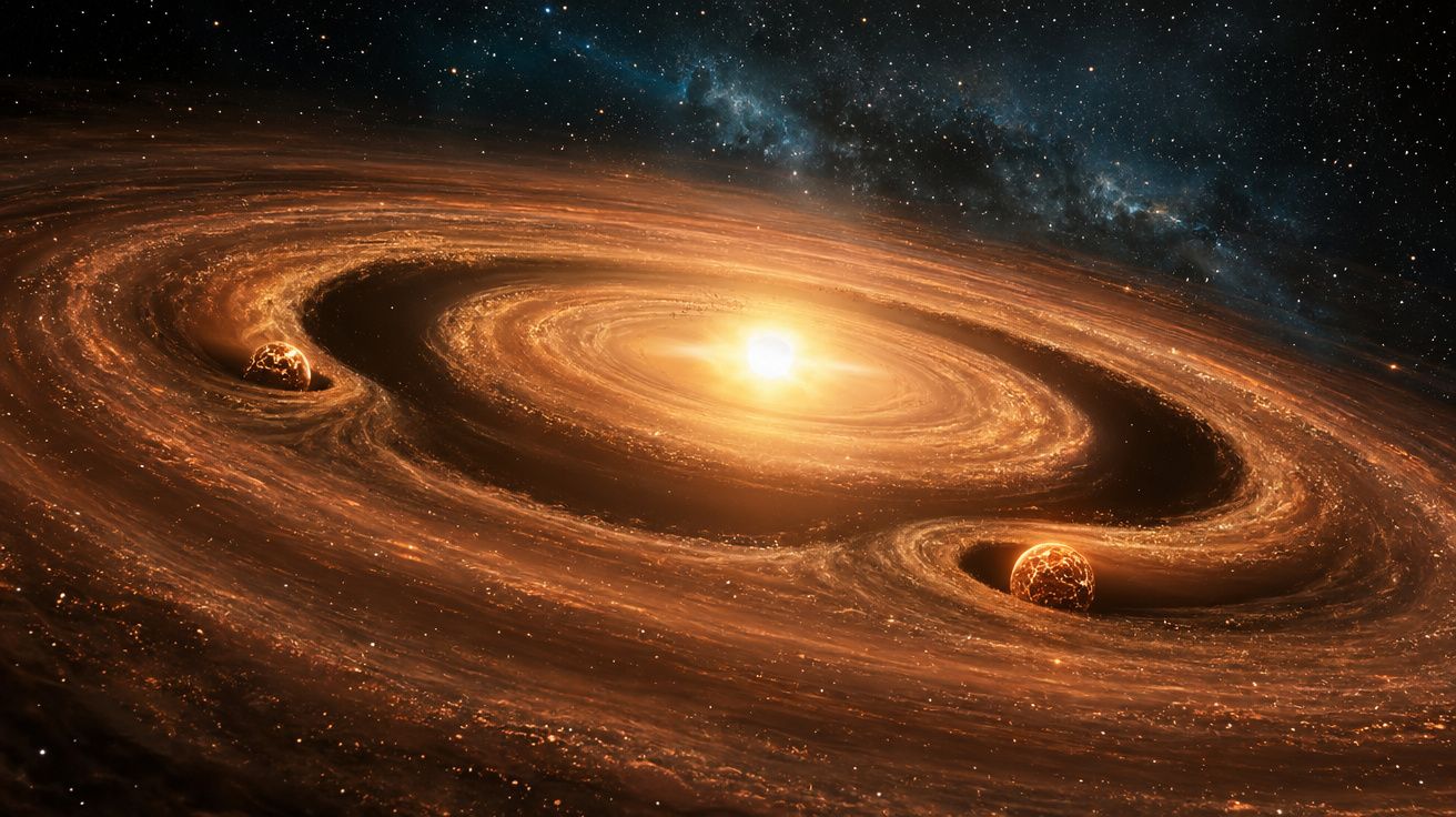 Disco protoplanetário brilhante com duas grandes protuberâncias planetárias em formação ao redor de uma estrela central.