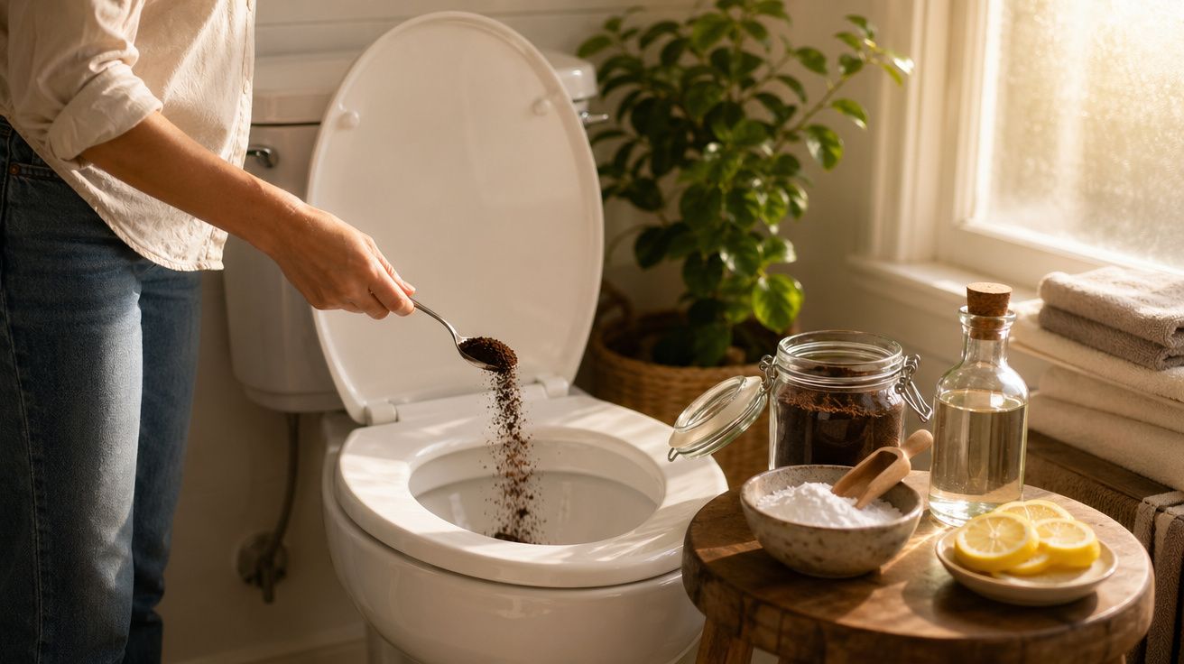 Pessoa despejando borra de café em vaso sanitário em banheiro iluminado, com itens de limpeza naturais ao lado.