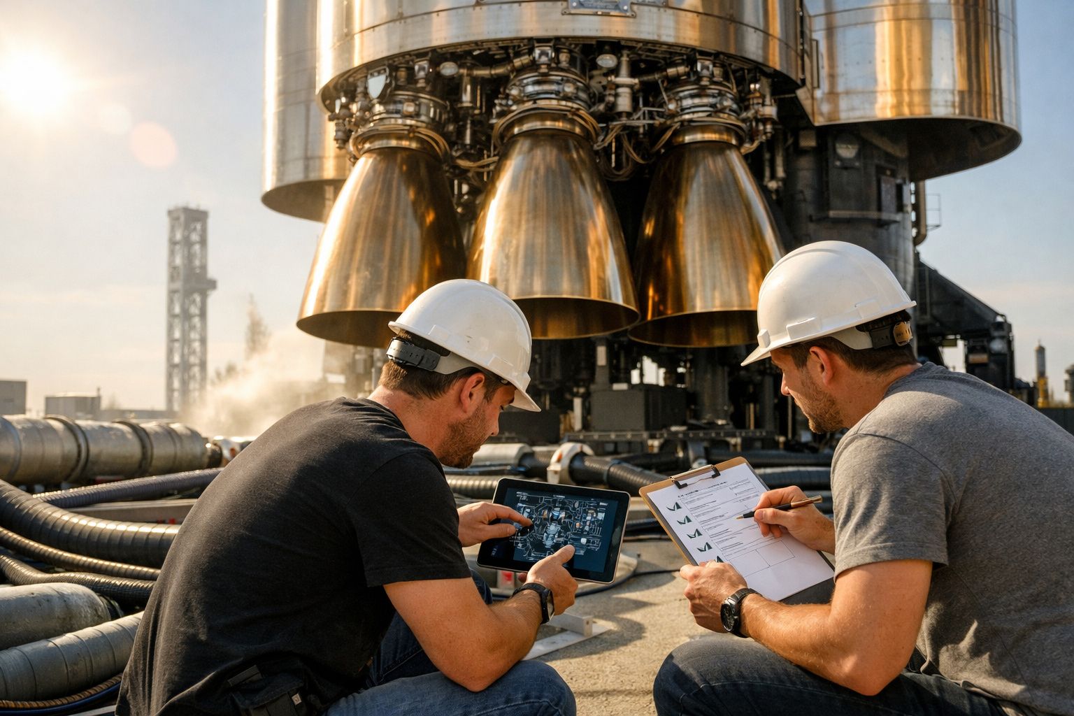 Dois engenheiros com capacete branco inspecionam uma aeronave usando tablet e checklist em área industrial.