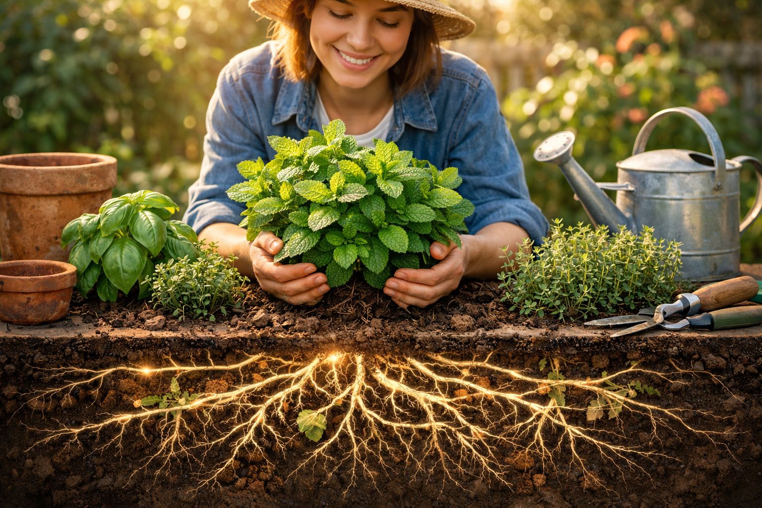 Mulher sorridente cuidando de ervas com raízes iluminadas no solo em jardim ao ar livre.