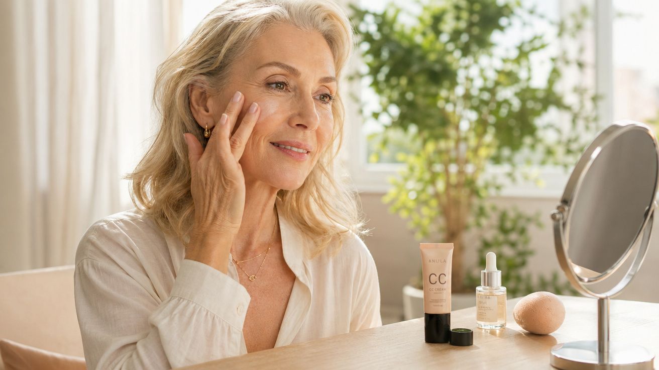 Mulher madura aplicando creme no rosto sentada à mesa com espelho e produtos de beleza ao lado.
