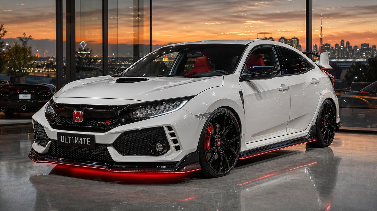 Carro esportivo branco Honda Civic Type R em showroom com iluminação vermelha e vista urbana ao fundo ao entardecer.