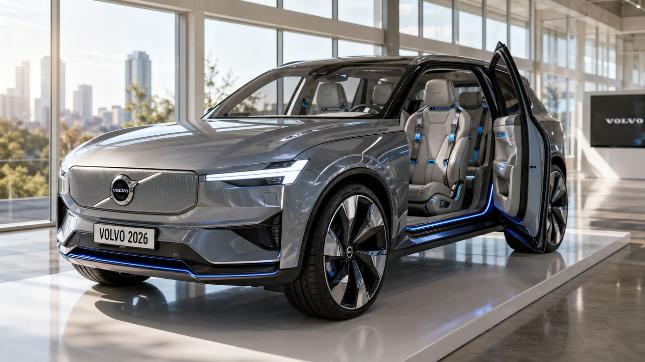 Carro elétrico Volvo 2026 cinza com porta aberta exibindo interior moderno em showroom iluminado.