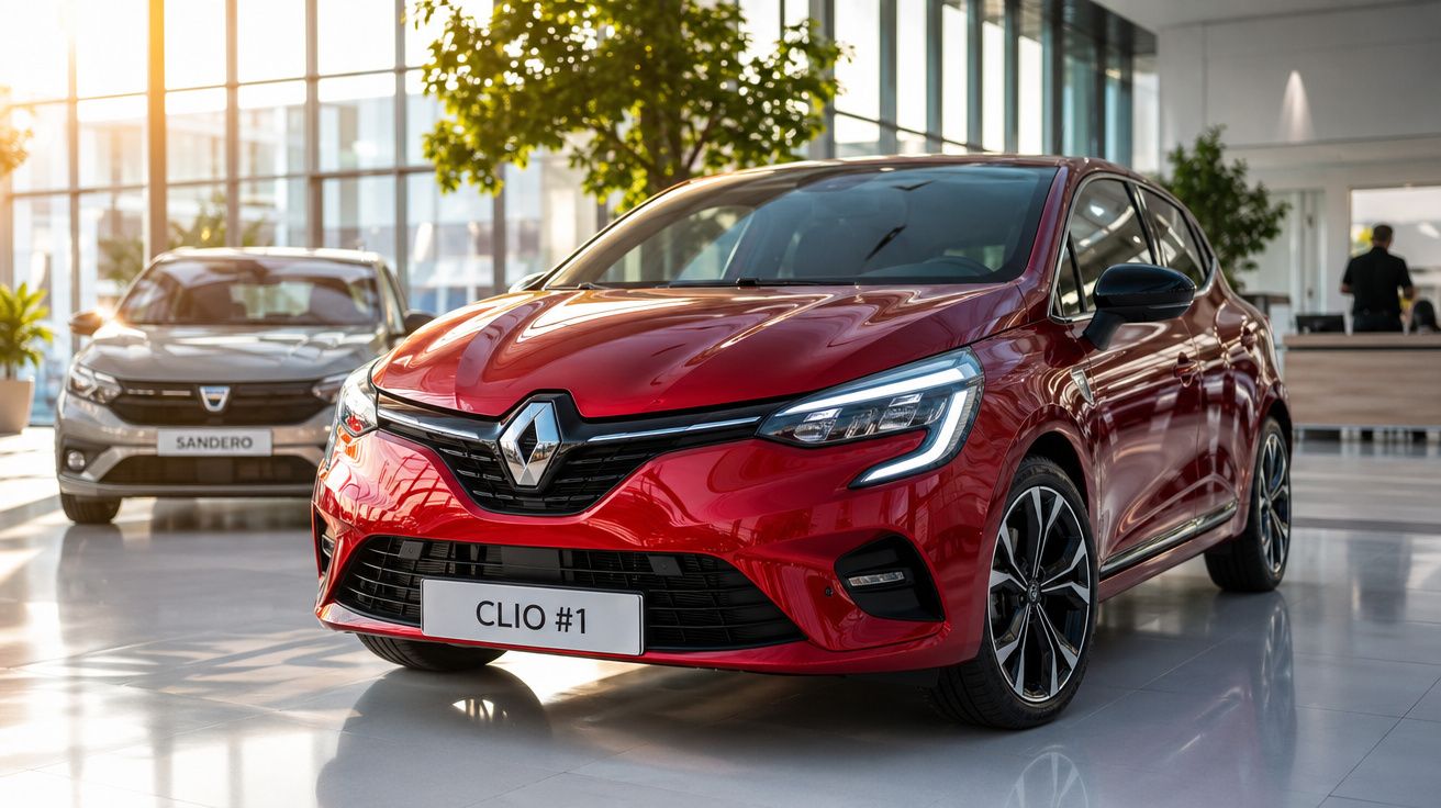 Carro Renault Clio vermelho em destaque em showroom com outro carro ao fundo e luz natural entrando pelas janelas.