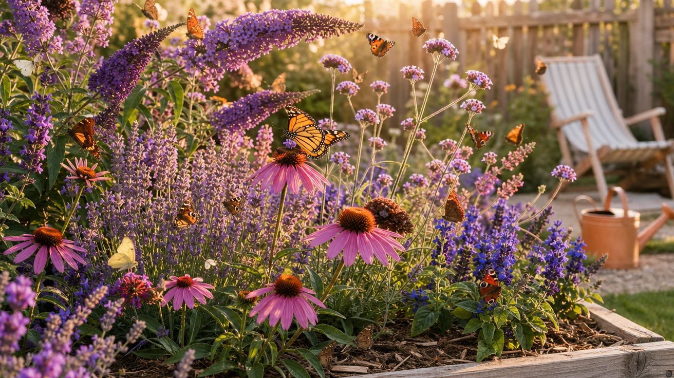 Jardim com flores roxas e rosas cheias de borboletas ao entardecer, com cadeira e regador ao fundo.