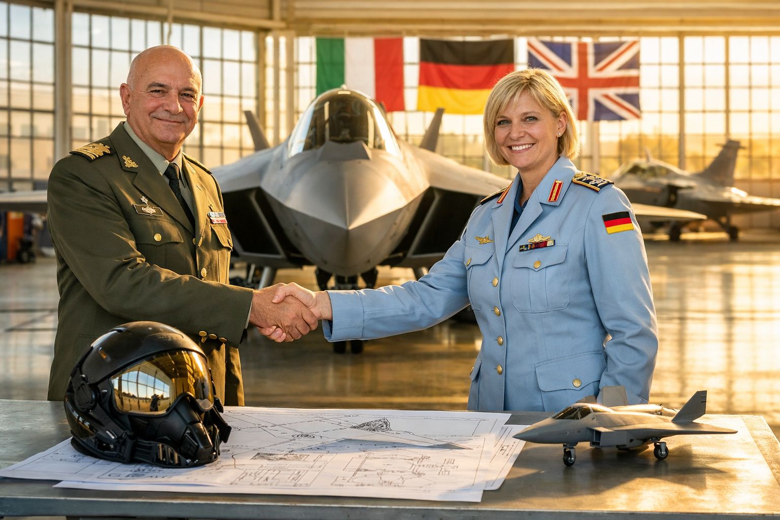 Dois militares apertando a mão em hangar com caça, capacete e maquete de avião sobre mesa.