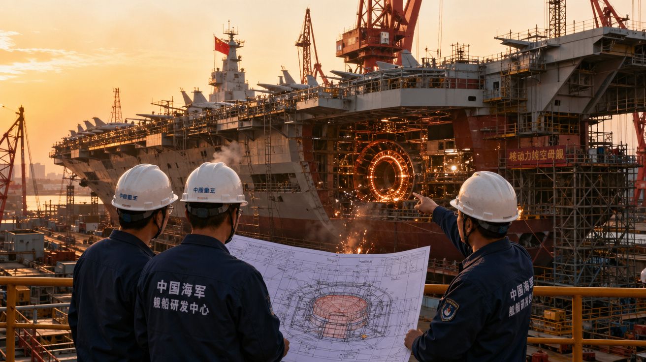 Operários com capacetes analisam projeto em estaleiro durante construção de grande navio militar ao pôr do sol.