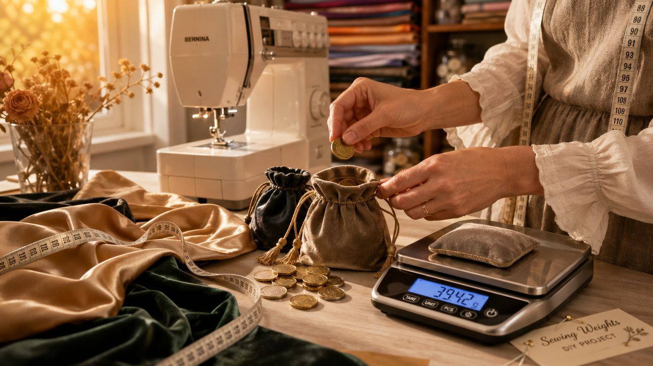 Pessoa colocando moedas em saquinho ao lado de balança digital e máquina de costura em mesa com tecidos.