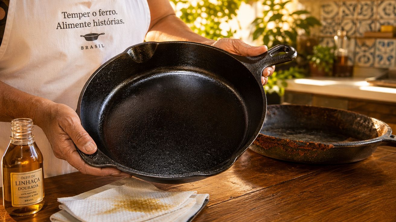 Pessoa segurando frigideira de ferro temperada, com óleo de linhaça dourada ao lado em mesa de madeira.