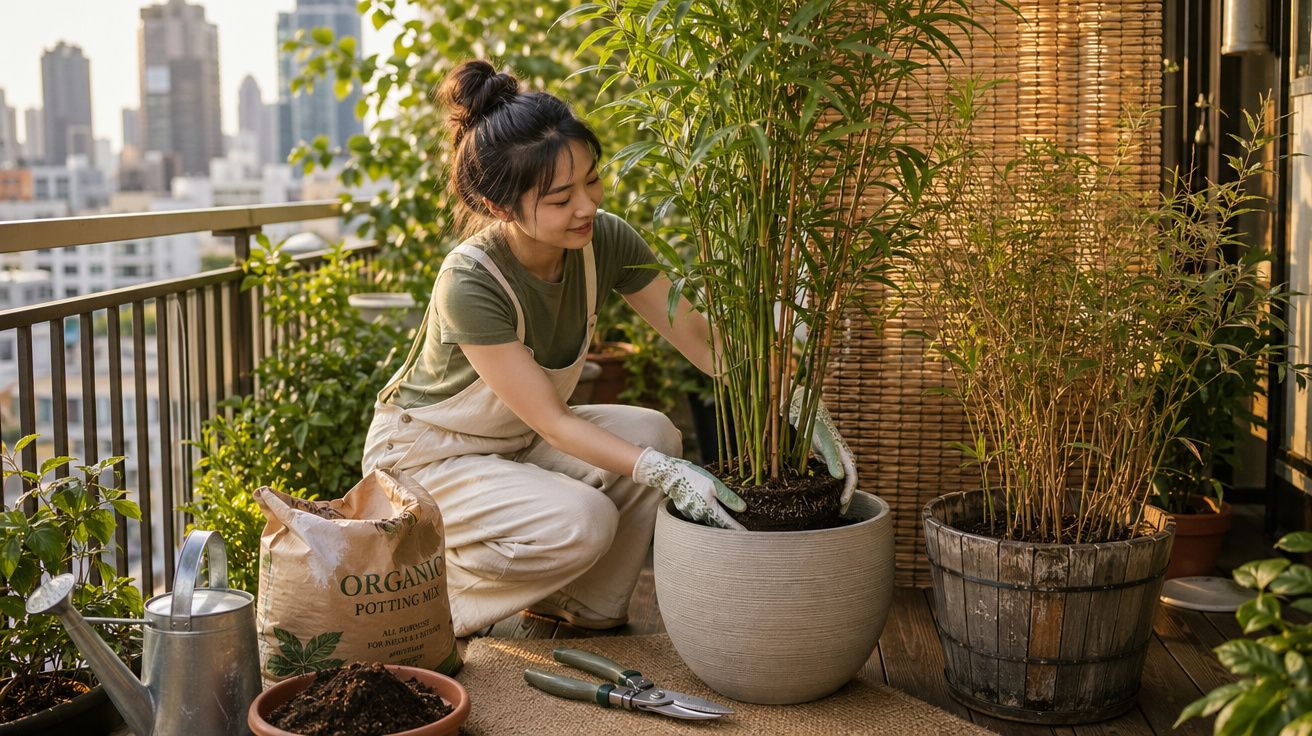 Mulher cuidando de planta em vaso grande na varanda de apartamento com ferramentas e saco de terra.