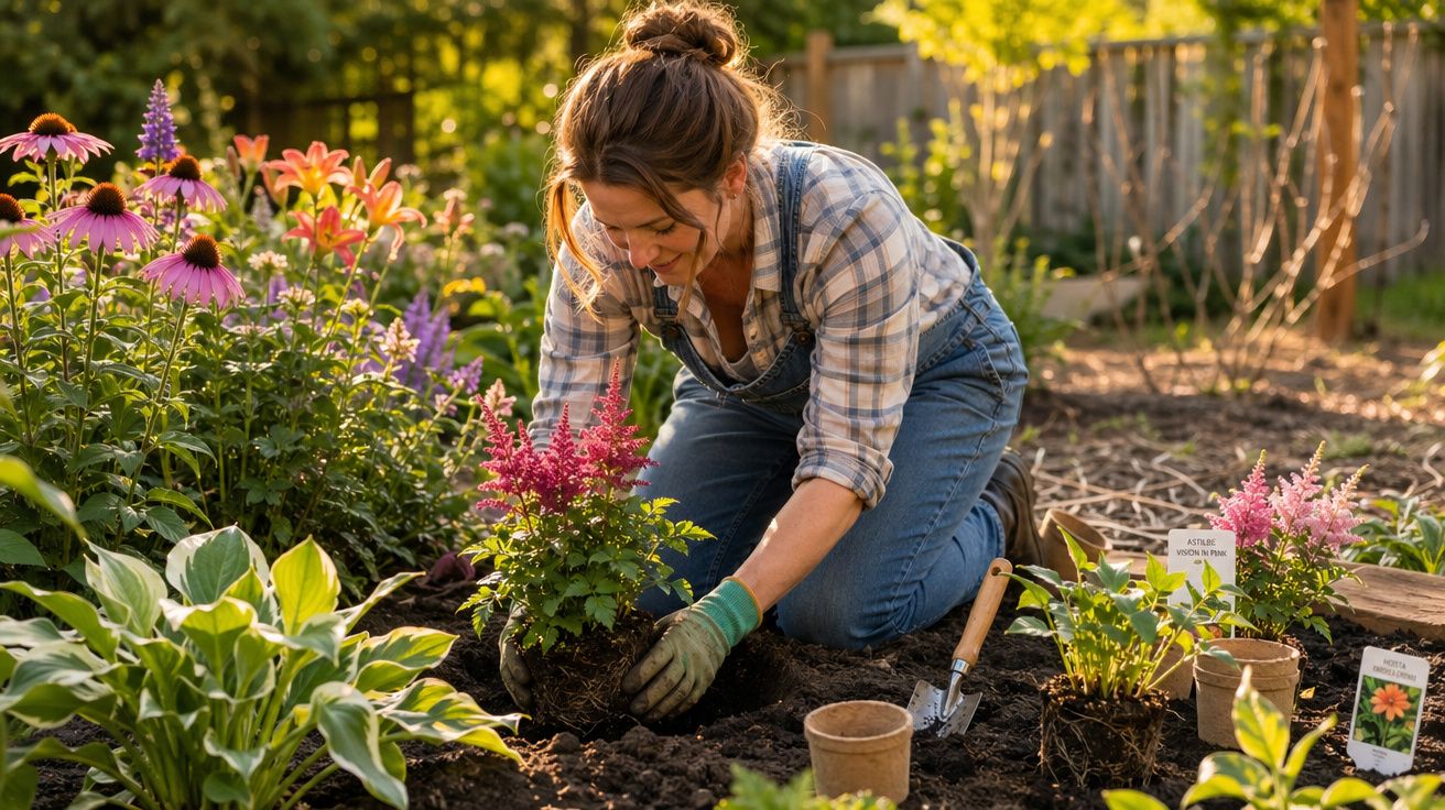 Mulher ajoelhada plantando flores coloridas em jardim ensolarado com luvas verdes e regador.