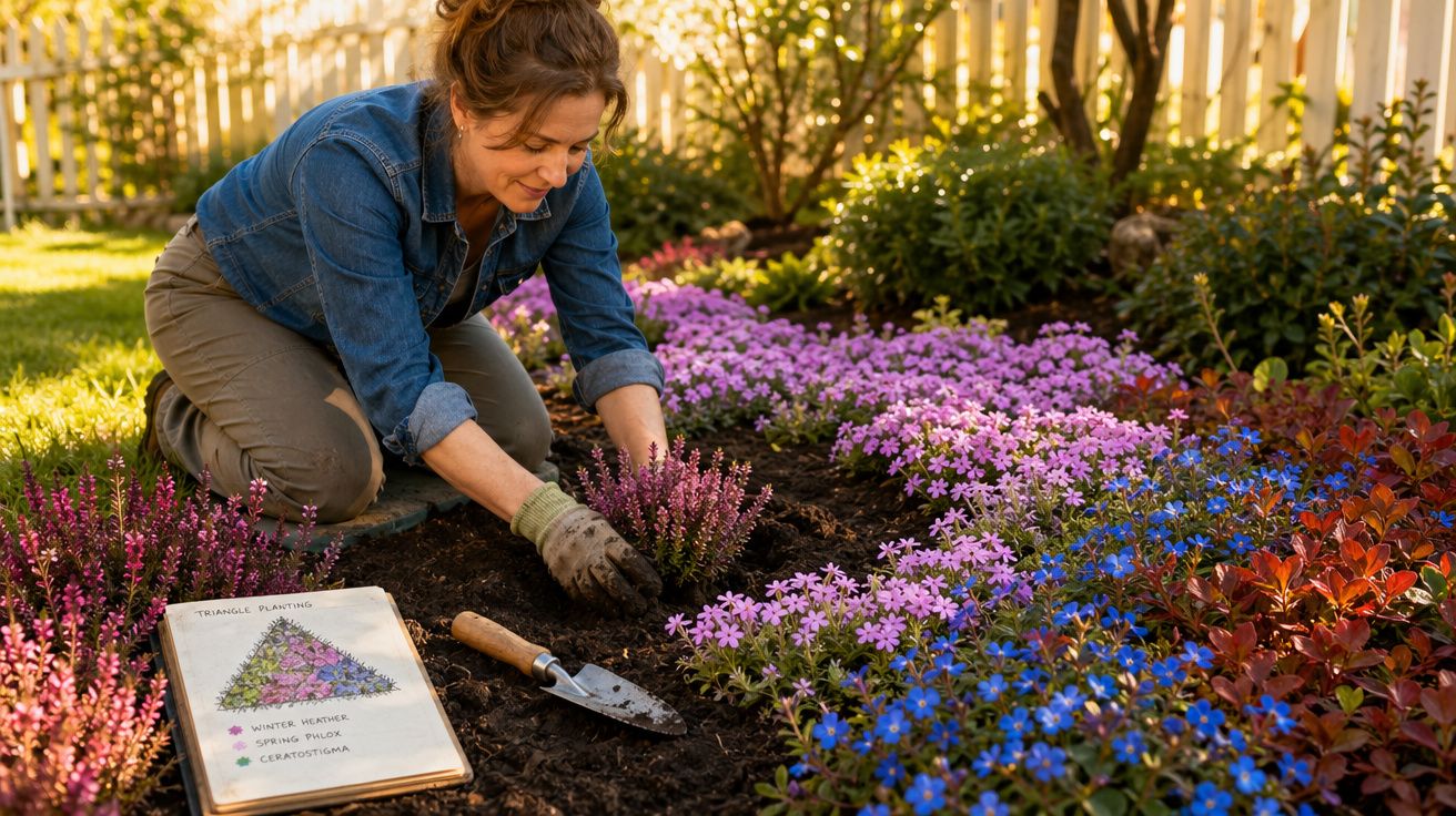 Mulher ajoelhada cuidando de flores em jardim ensolarado com luvas e manual de jardinagem ao lado.