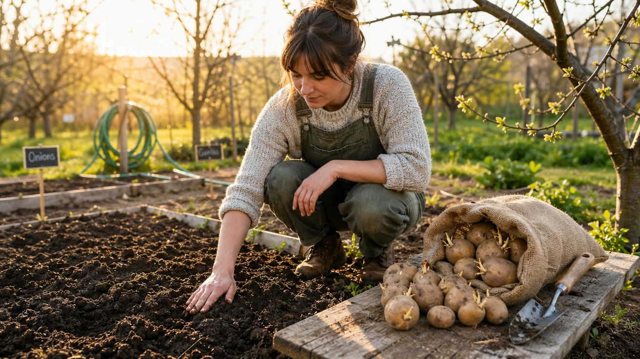 Mulher agachada preparando solo em horta ao pôr do sol, com saco de batatas germinadas ao lado.