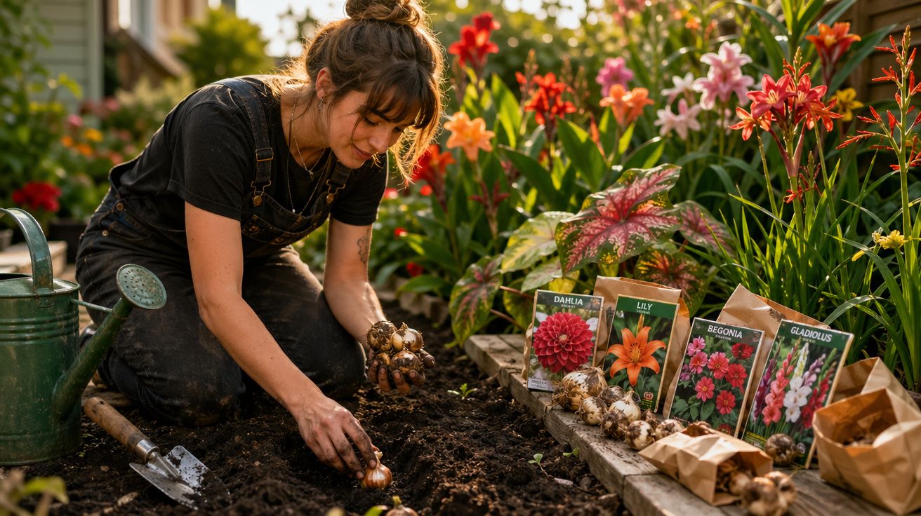 Mulher plantando bulbos de flores em jardim com pacotes identificando dália, lírio, begônia e gladíolo.