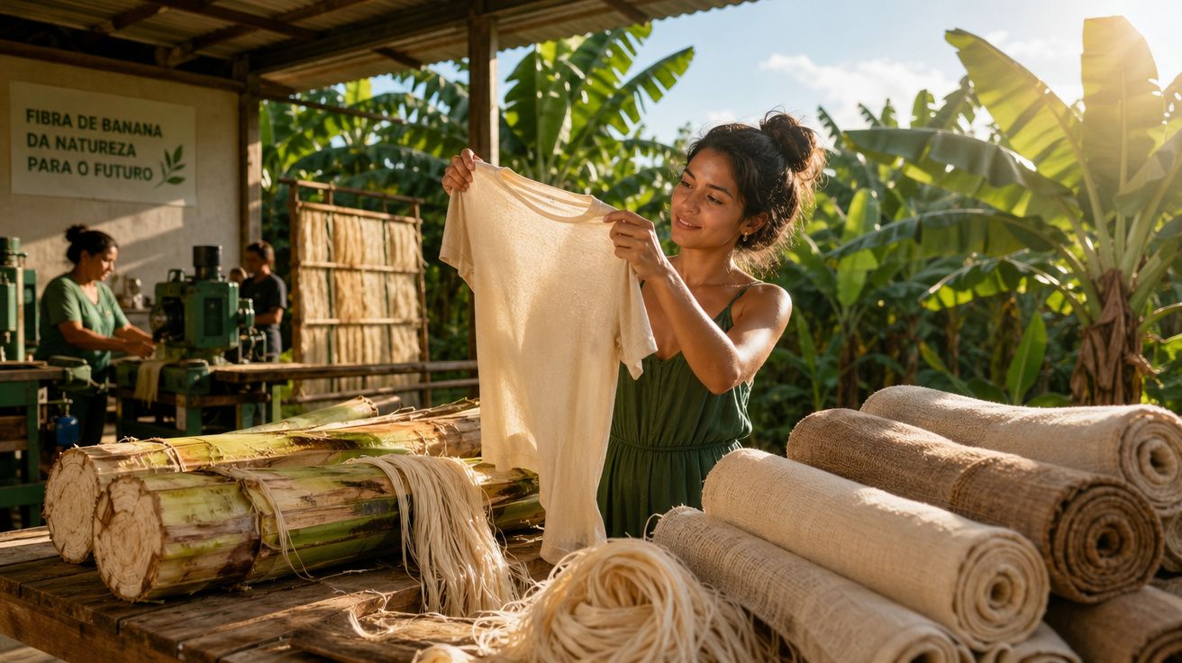 Mulher segurando camiseta feita de fibra natural em oficina com rolos de tecido e folhagens ao fundo.