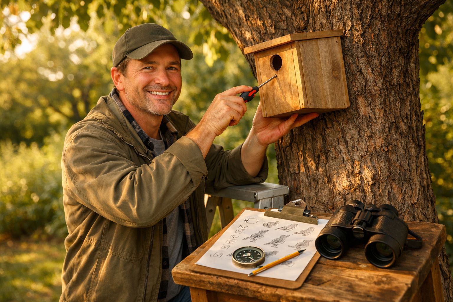 Homem sorridente instalando uma casinha de passarinho em árvore durante atividade ao ar livre.