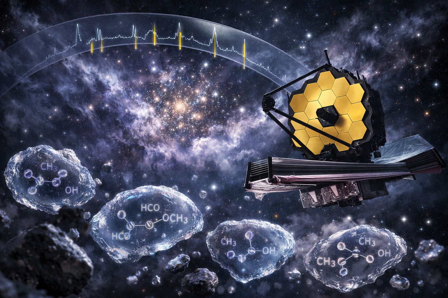Telescópio espacial James Webb examinando moléculas complexas em nuvens interestelares no espaço profundo.