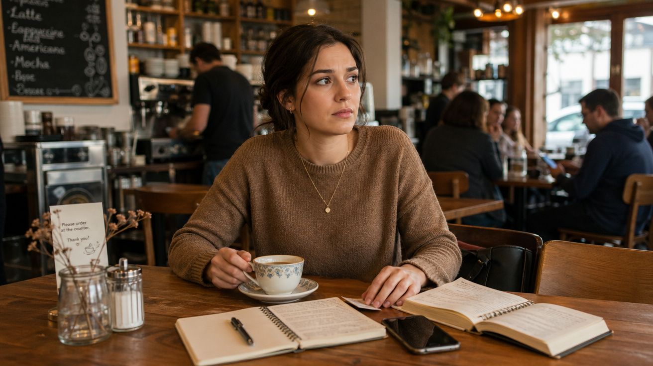 Mulher sentada em cafeteria, segurando xícara de café, com livros e celular sobre a mesa.
