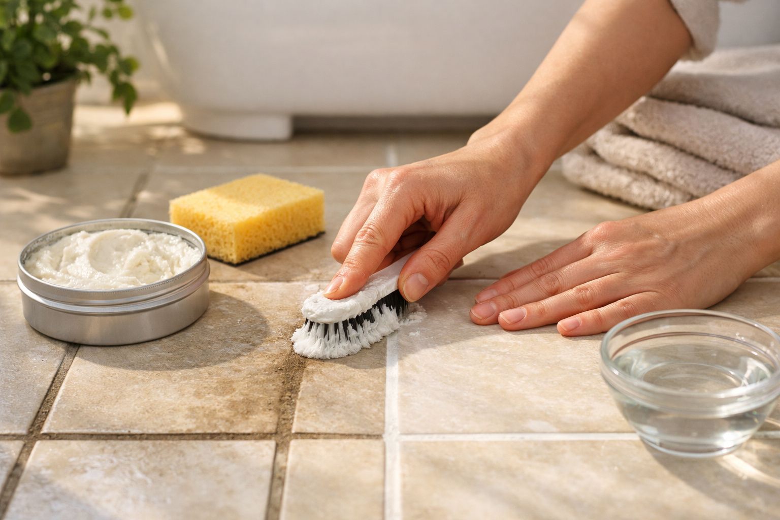 Mãos esfregando azulejos com escova, pasta de limpeza, esponja e recipiente com água.