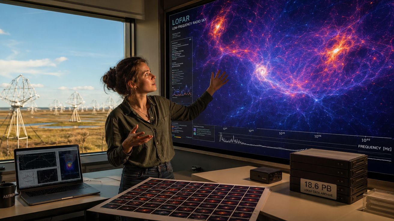 Mulher pesquisadora analisa dados astronômicos em grandes telas e gráficos em laboratório com antenas ao fundo.