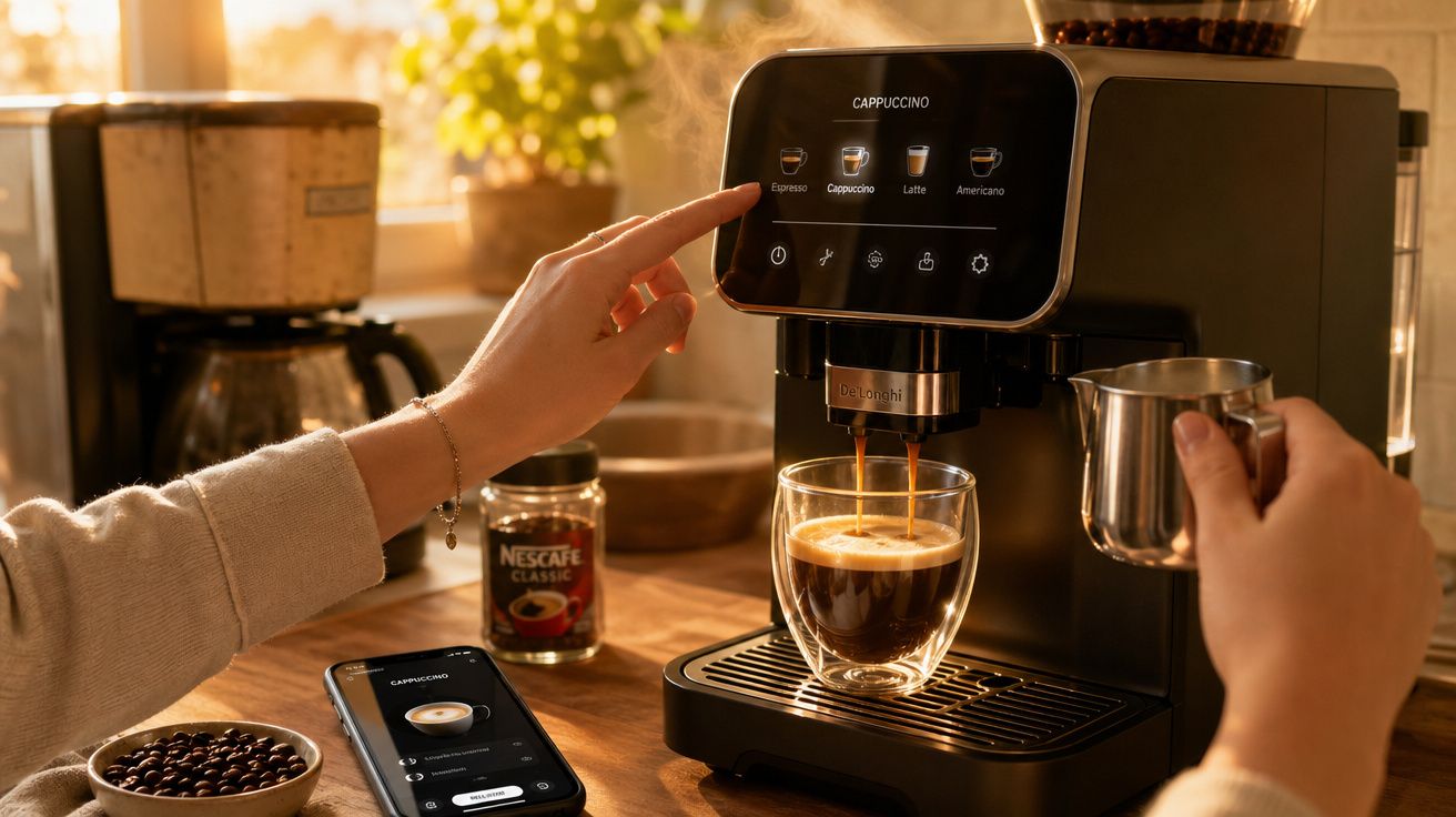 Pessoa usando máquina de café espresso automática para preparar cappuccino em cozinha iluminada.