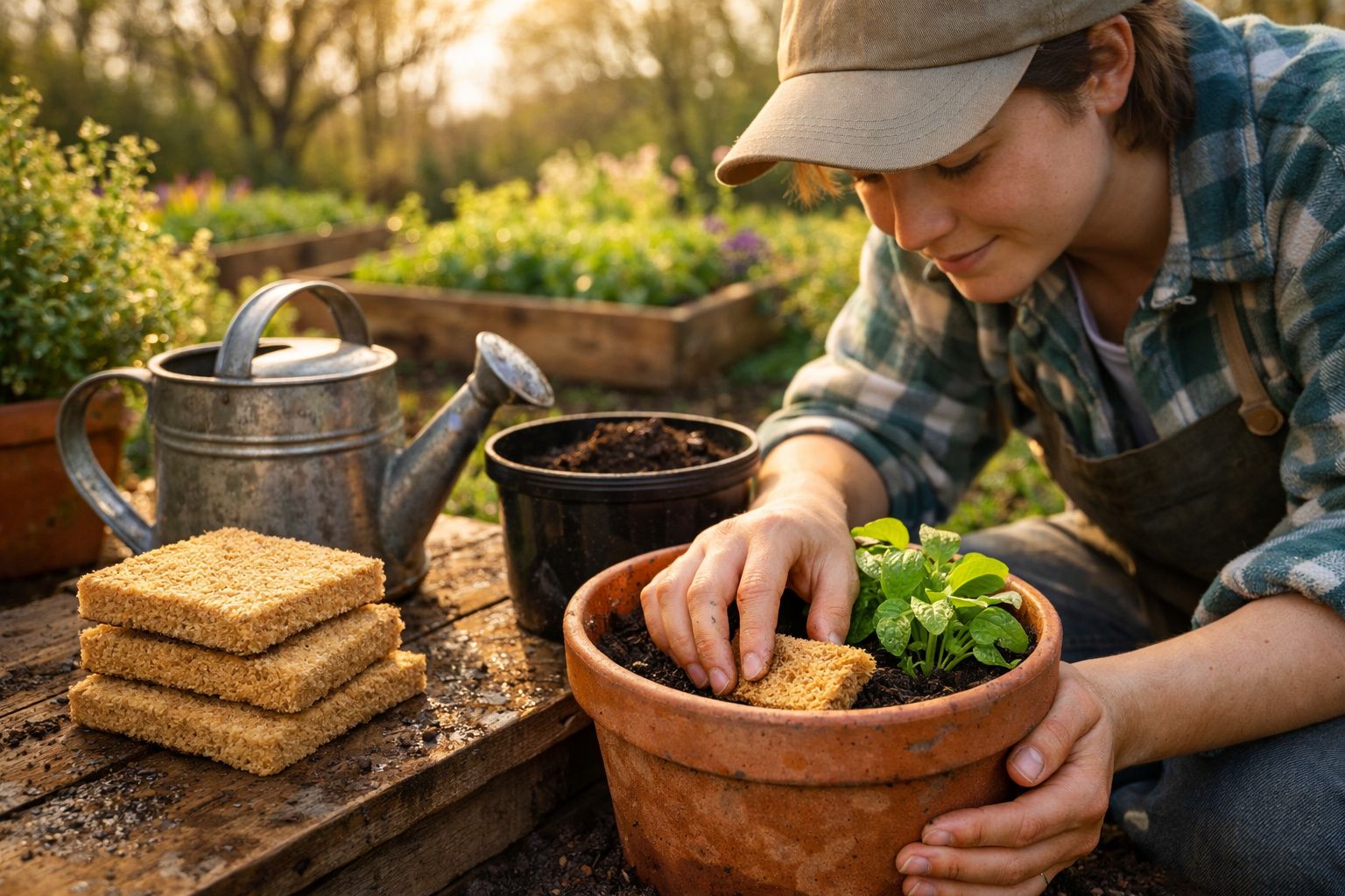 Pessoa colocando esponja biodegradável em vaso com planta, ao lado de regador e outras esponjas empilhadas.