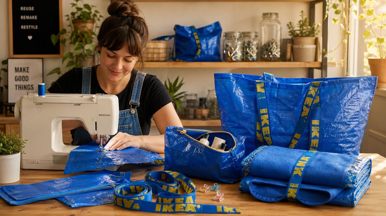 Mulher costurando tecido azul da IKEA em máquina de costura, com bolsas e acessórios azuis na mesa.