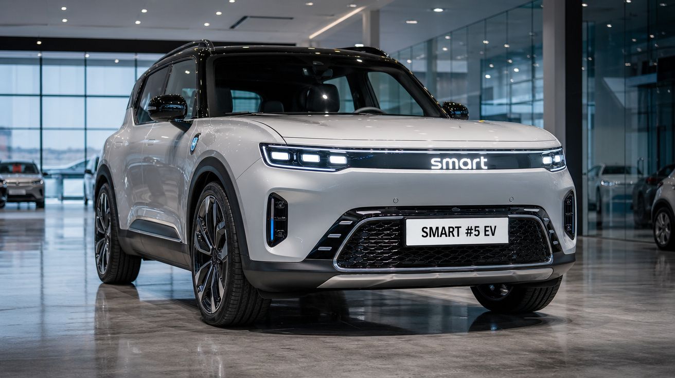 Carro elétrico Smart #5 EV branco estacionado em showroom moderno e iluminado.