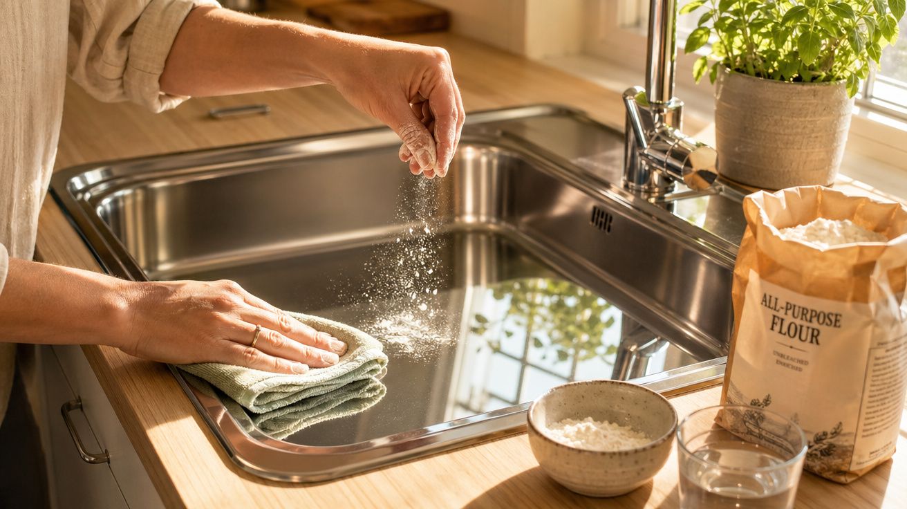 Pessoa polvilhando farinha para limpar pia de inox na cozinha com luz natural e planta próxima à janela.