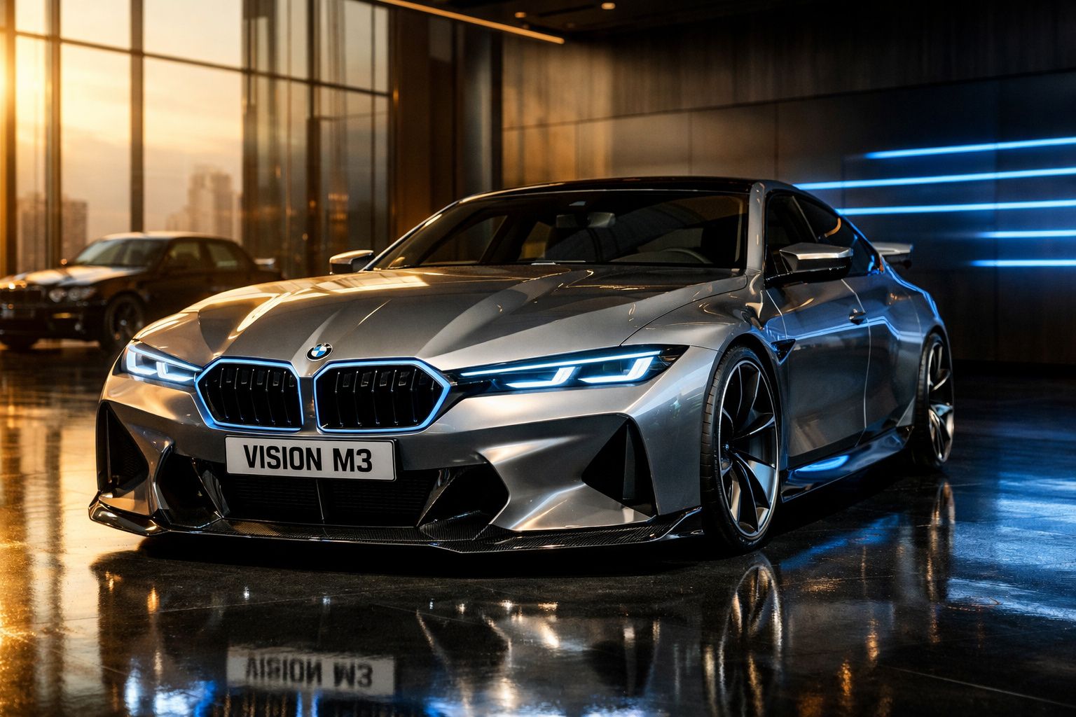 Carro esportivo BMW Vision M3 prata estacionado em espaço interno com iluminação moderna.