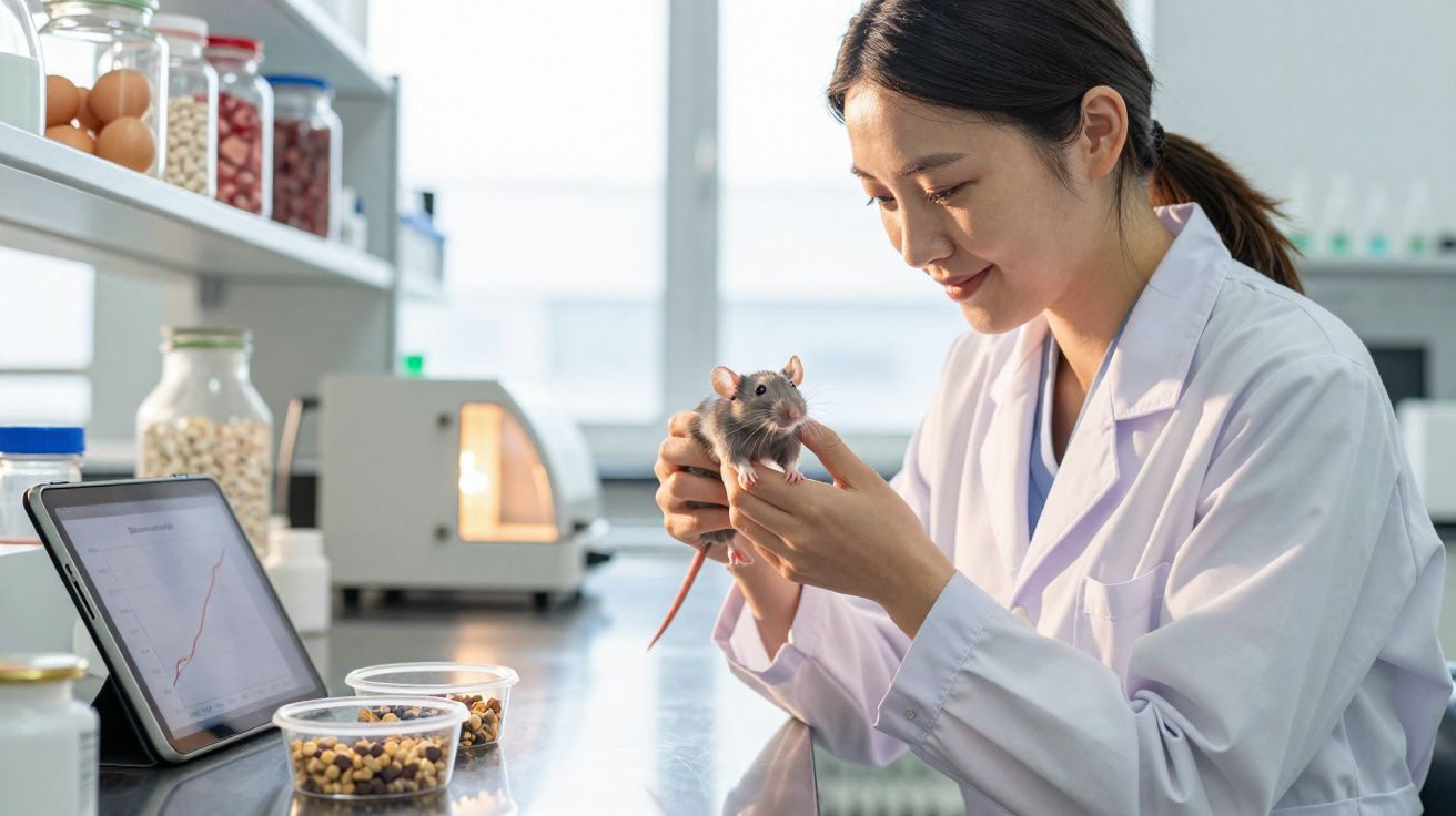 Pesquisadora em jaleco branco segurando um rato em laboratório com equipamentos e alimentos ao redor.