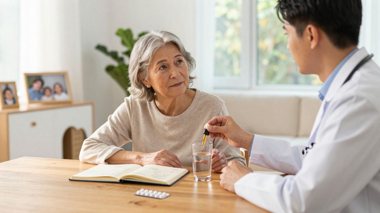 Médico oferece remédio em gota para senhora idosa, sentados à mesa com livro aberto e comprimidos.
