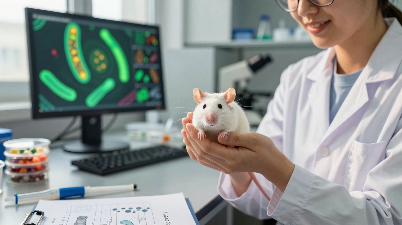 Cientista segura rato branco em laboratório com imagens de microrganismos no computador ao fundo.