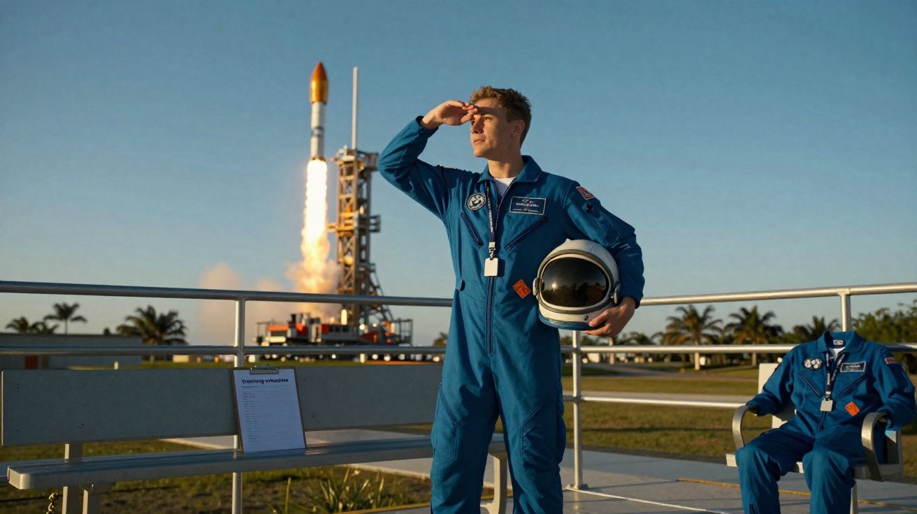 Homem com macacão azul de astronauta segura capacete e observa foguete sendo lançado ao fundo.