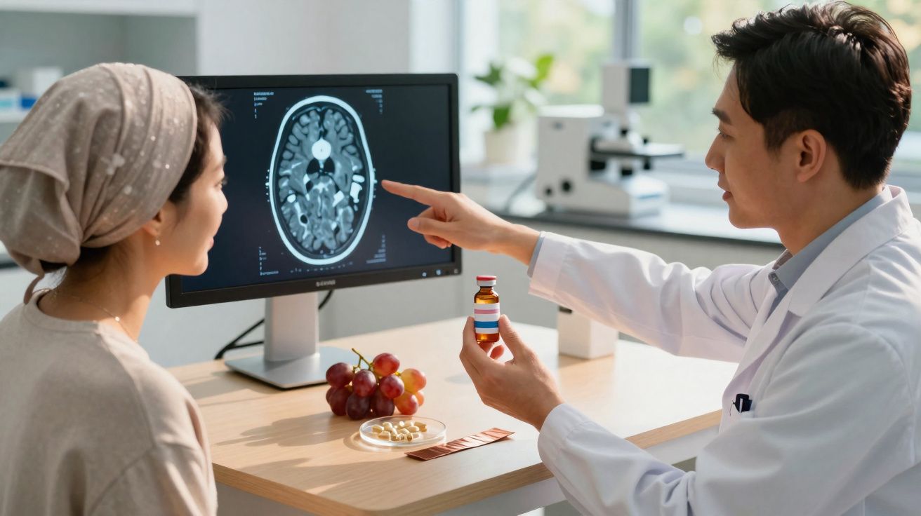 Médico mostra exame cerebral para paciente, com suplementos e uvas na mesa ao fundo.
