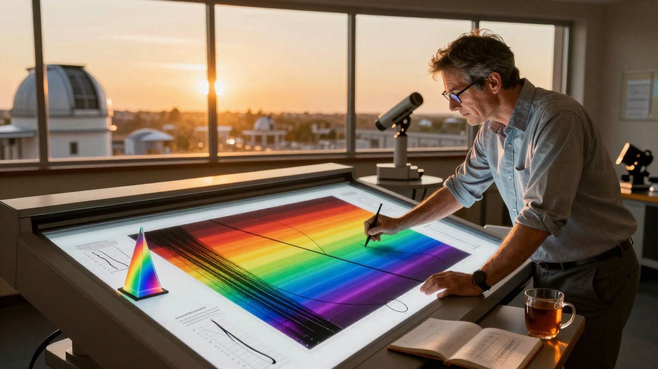 Homem analisando espectro de cores em mesa digital iluminada em escritório ao pôr do sol.