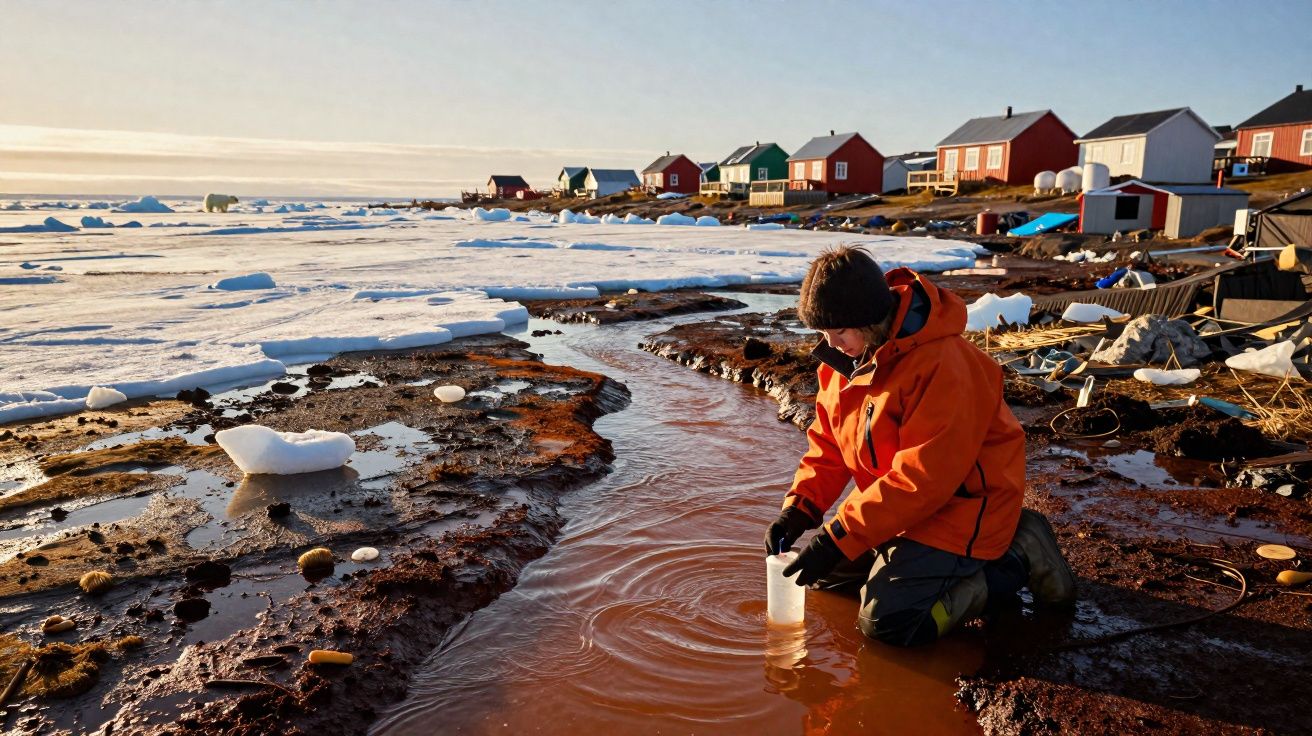 Pessoa com casaco laranja coleta água em riacho derretido próximo a casas vermelhas em região ártica.