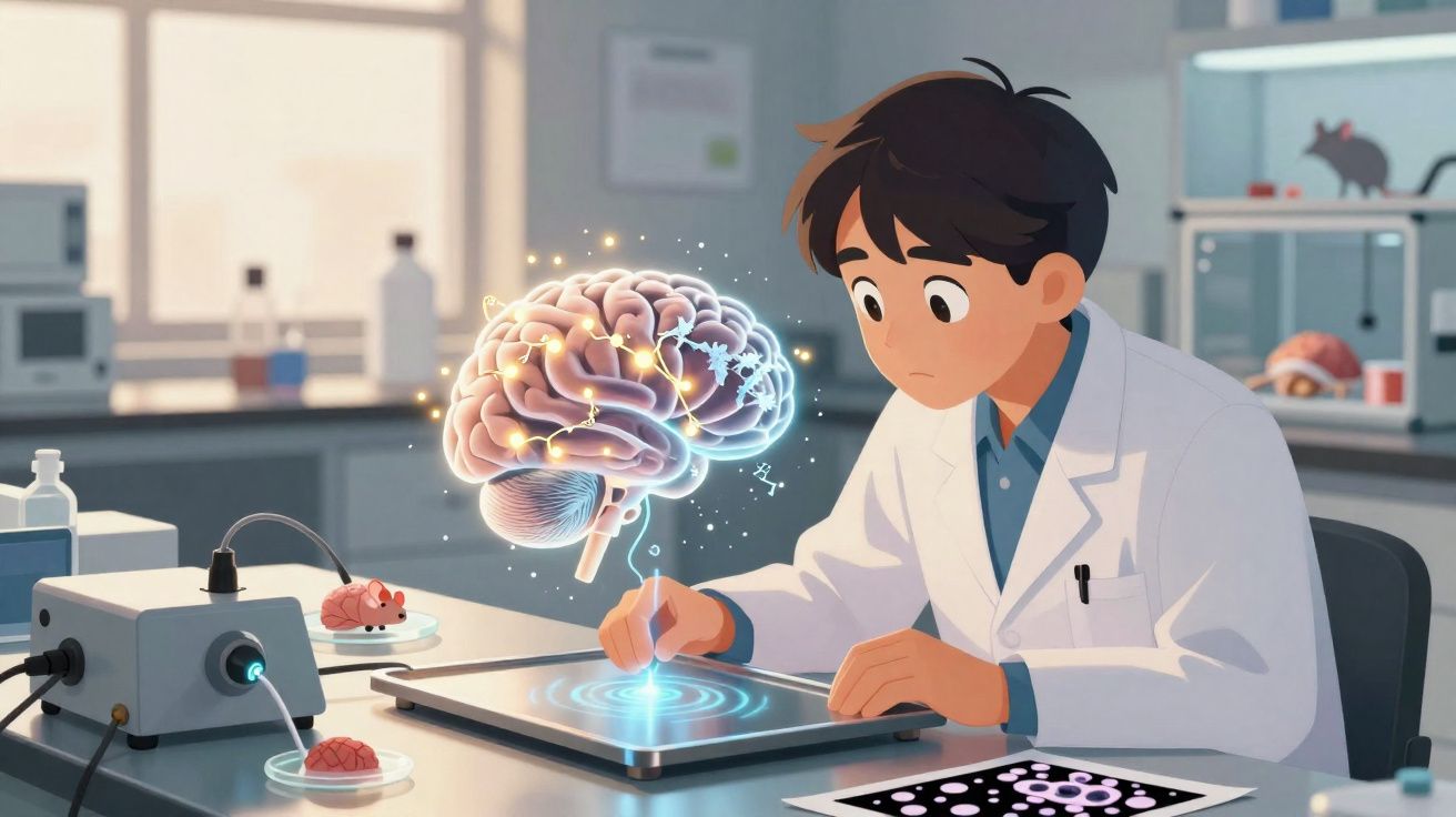 Cientista jovem em laboratório usando tablet holográfico para estudar cérebro iluminado flutuante.