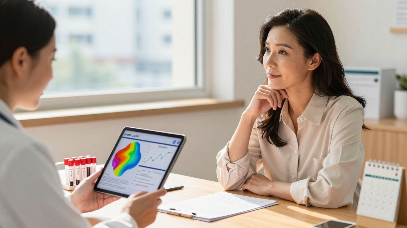 Profissional de saúde mostrando exame em tablet para mulher durante consulta em consultório iluminado.