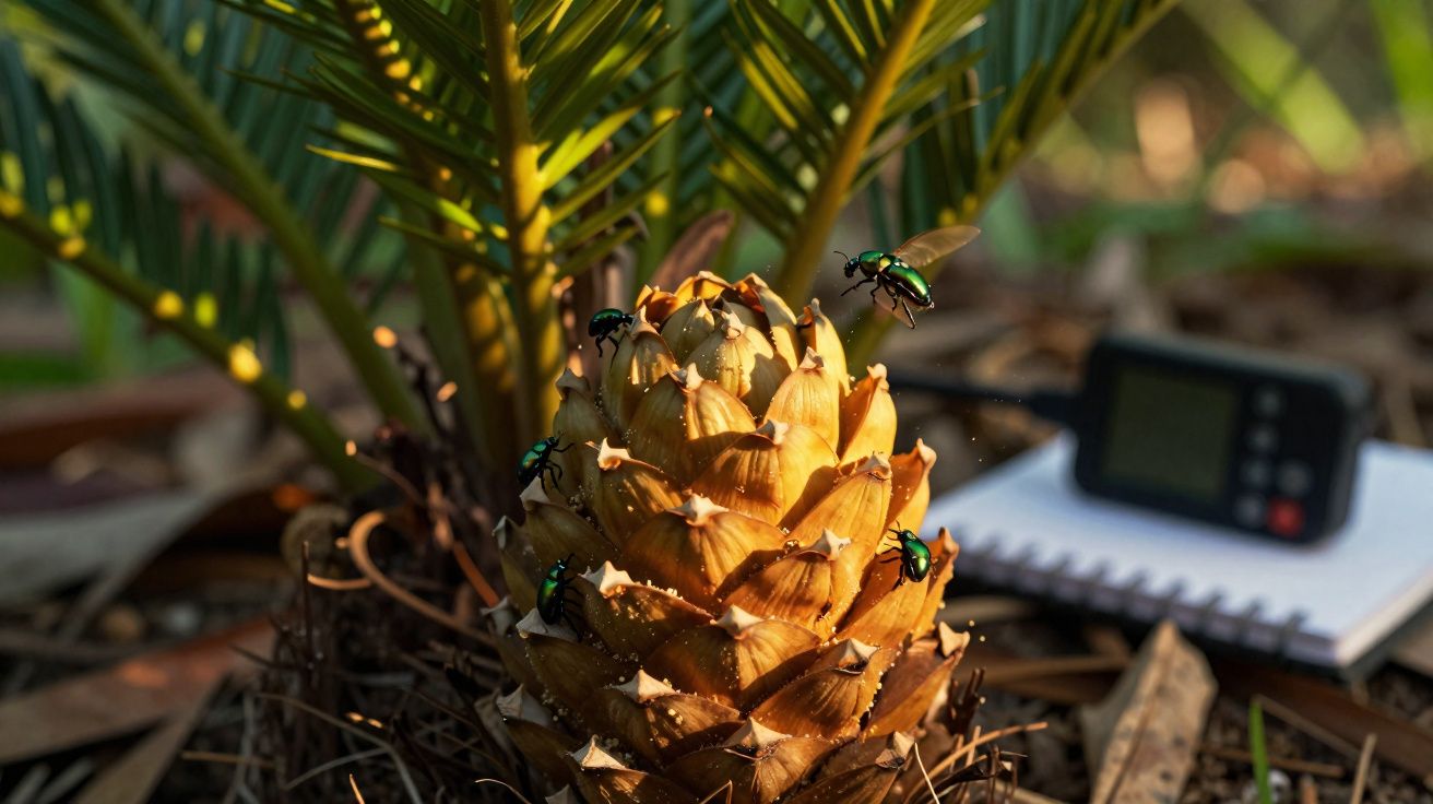 Pinha no chão com besouros verdes e aparelhos eletrônicos desfocados ao fundo em ambiente externo.