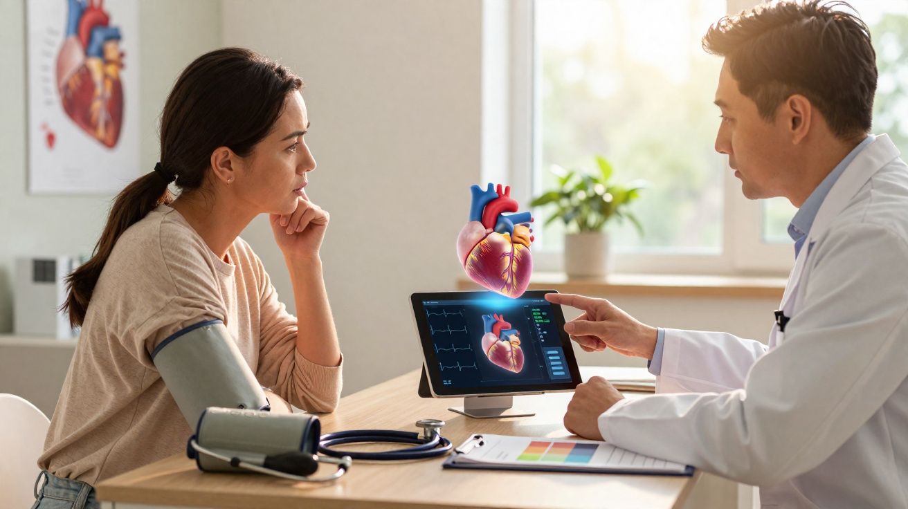 Paciente com aparelho de pressão no braço consulta cardiologista que mostra imagem do coração na tela.