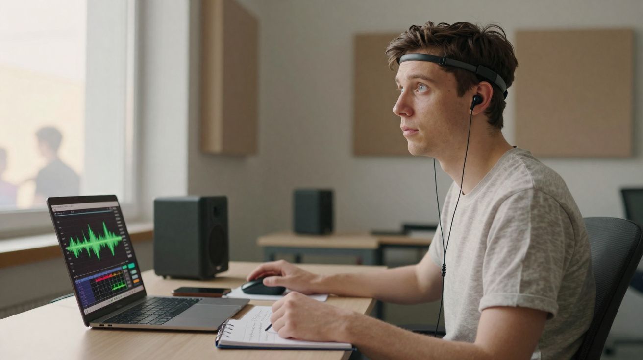 Homem usando fones de ouvido e headband, trabalhando com edição de áudio em notebook em ambiente de escritório.