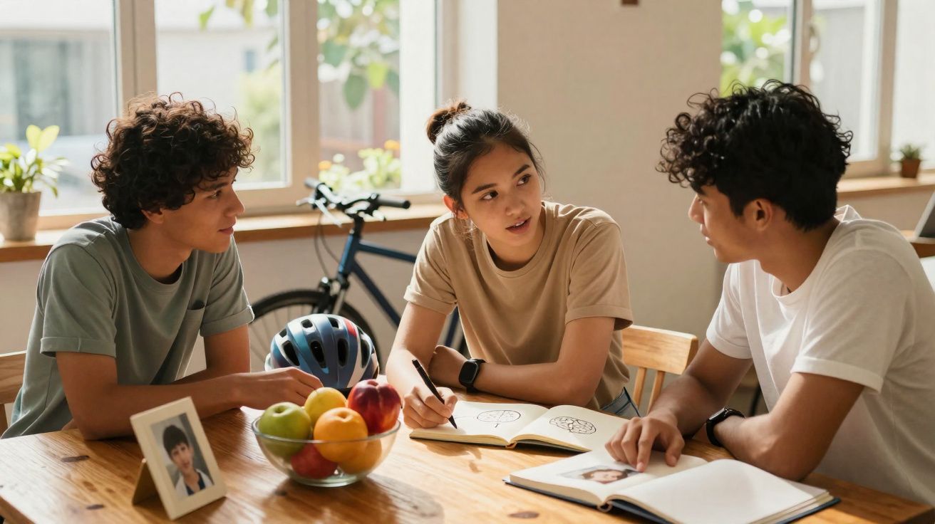 Três jovens discutindo enquanto fazem anotações em uma mesa com frutas e fotos em porta-retratos.