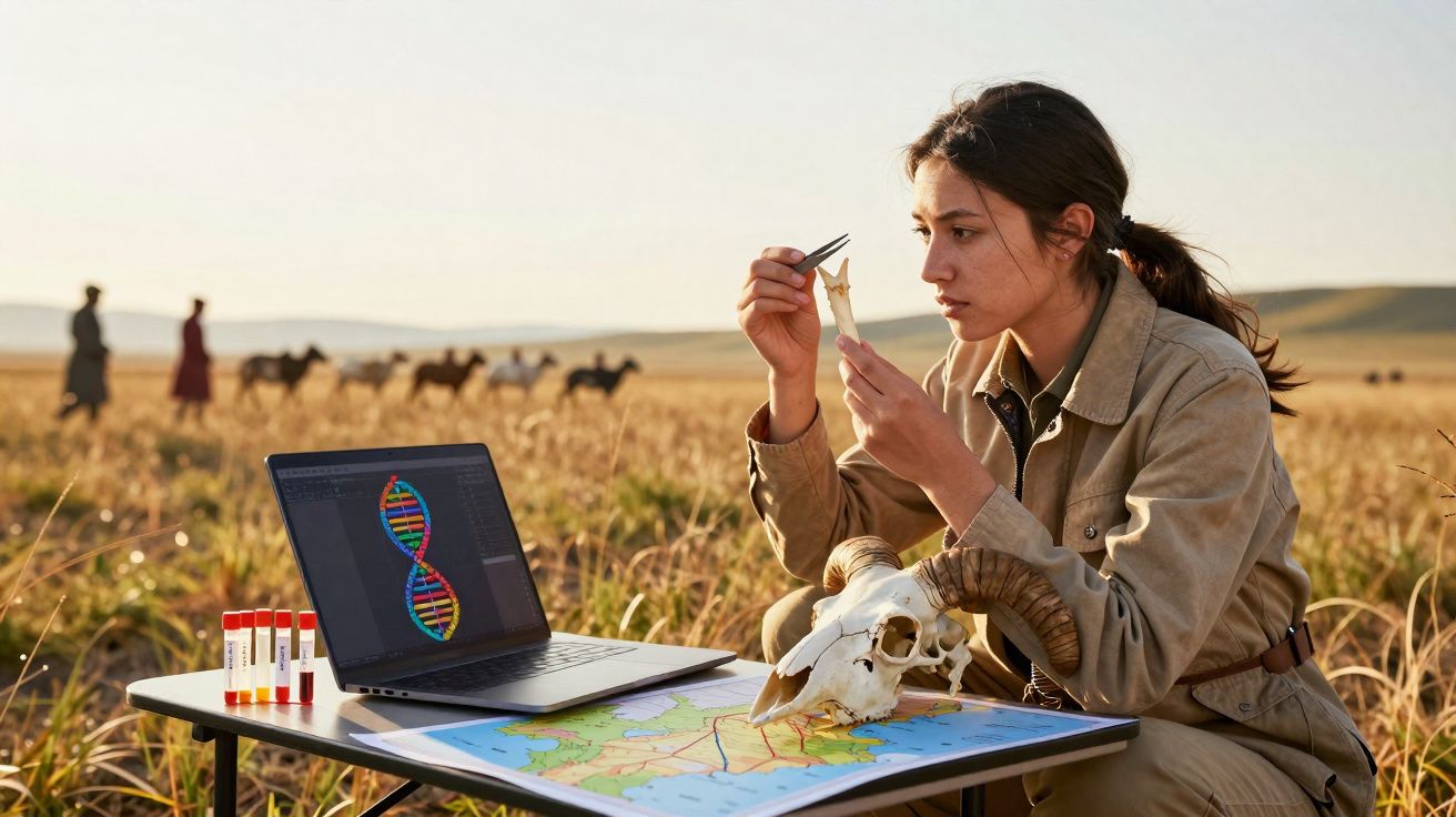 Jovem cientista analisa fóssil em campo aberto com laptop, frascos e mapa sobre mesa.