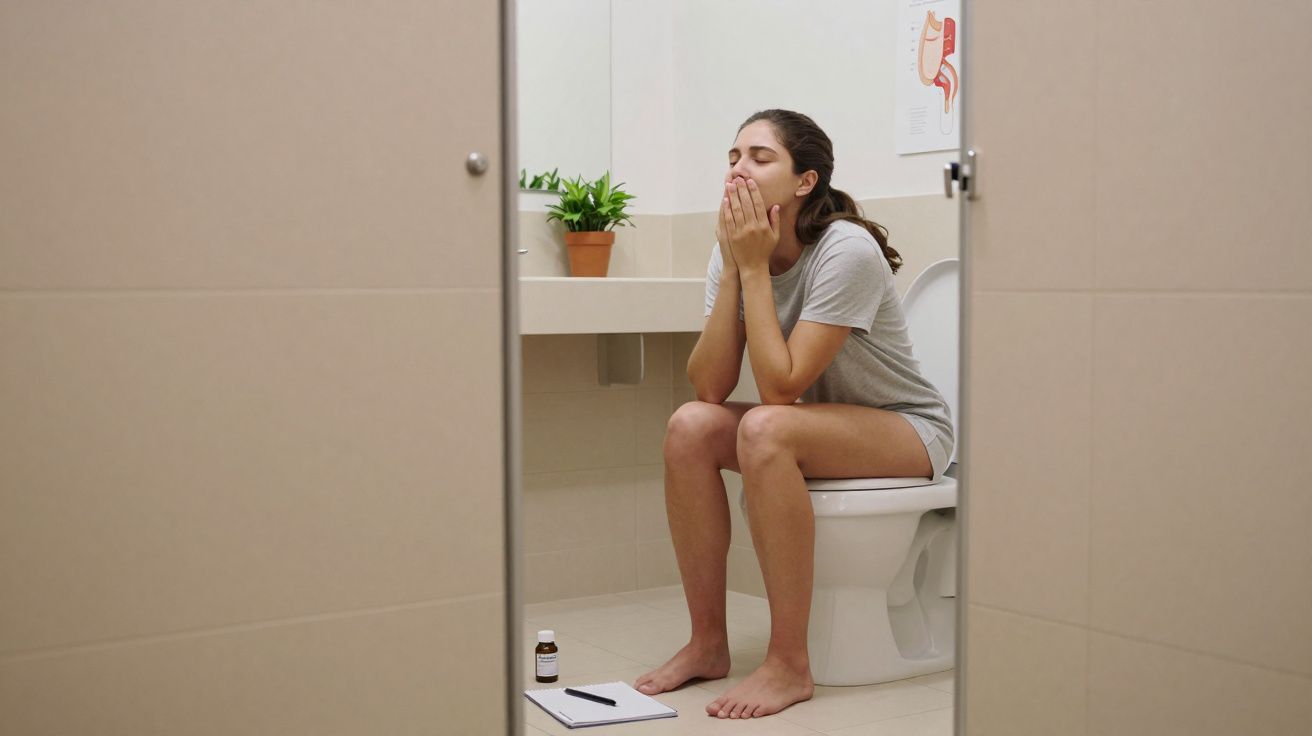 Mulher sentada no vaso sanitário aparentando desconforto e segurando o rosto com as mãos.