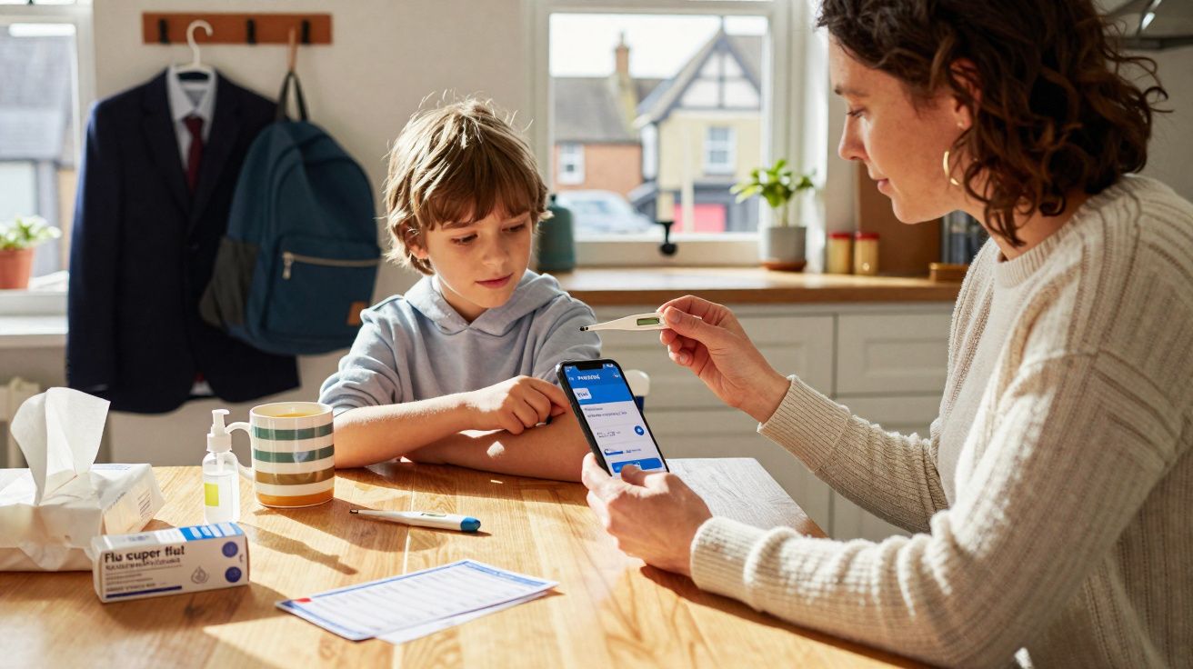 Mulher verifica temperatura do menino enquanto segura termômetro e celular na cozinha iluminada.
