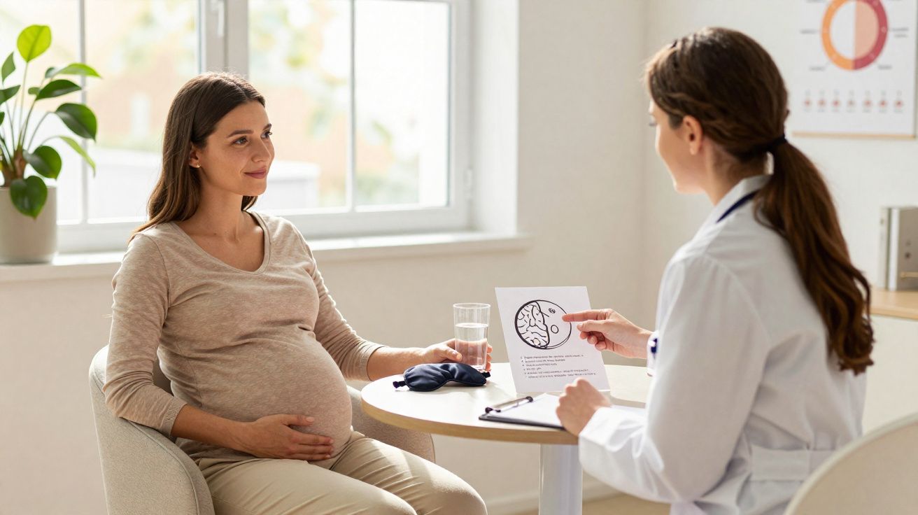 Gestante sentada em consulta médica, segurando copo d’água, médica explica conteúdo em papel com ilustração cerebral.