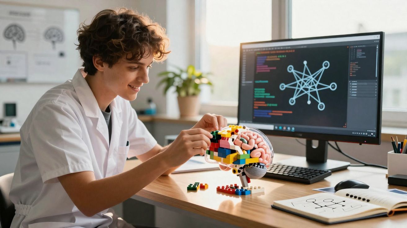 Jovem cientista monta cérebro de Lego em mesa com computador mostrando rede neural e caderno aberto.