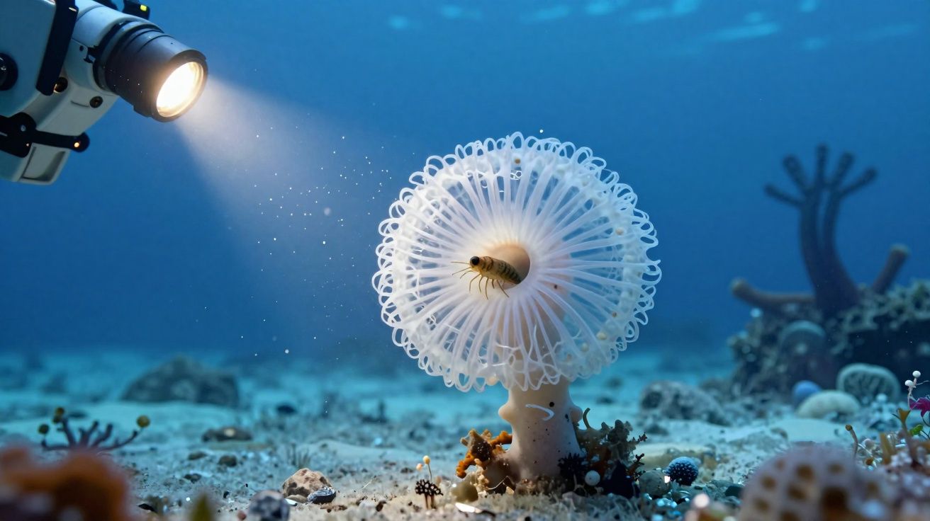 Ambiente submarino iluminado por equipamento com criatura marinha em formato circular e detalhes delicados.