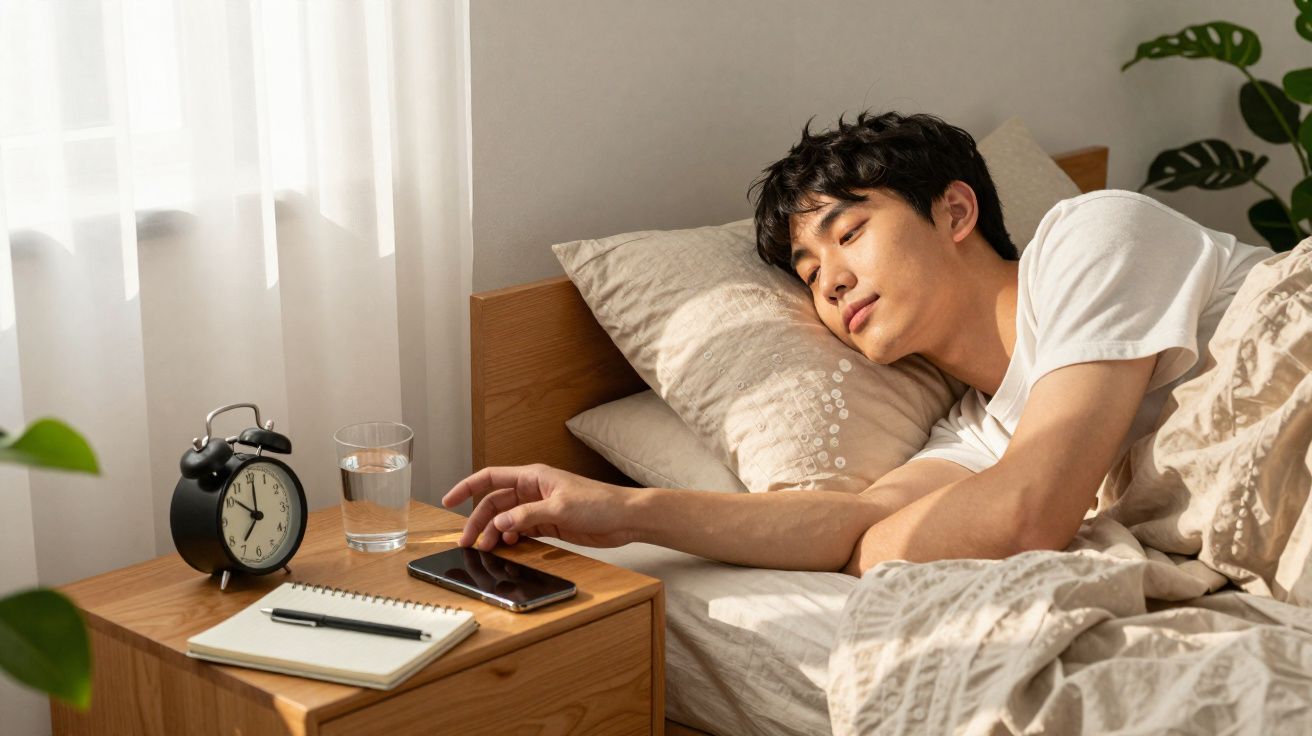 Homem acordando na cama estendendo a mão para pegar um celular na mesa de cabeceira.